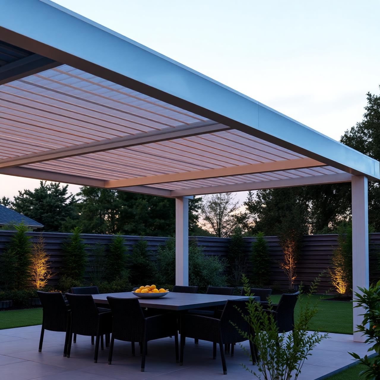 Aluminium pergola over a garden terrace