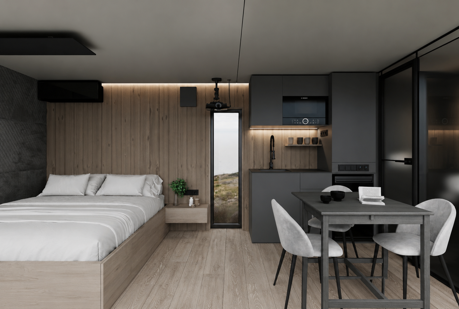 Modular house — interior bedroom & kitchen